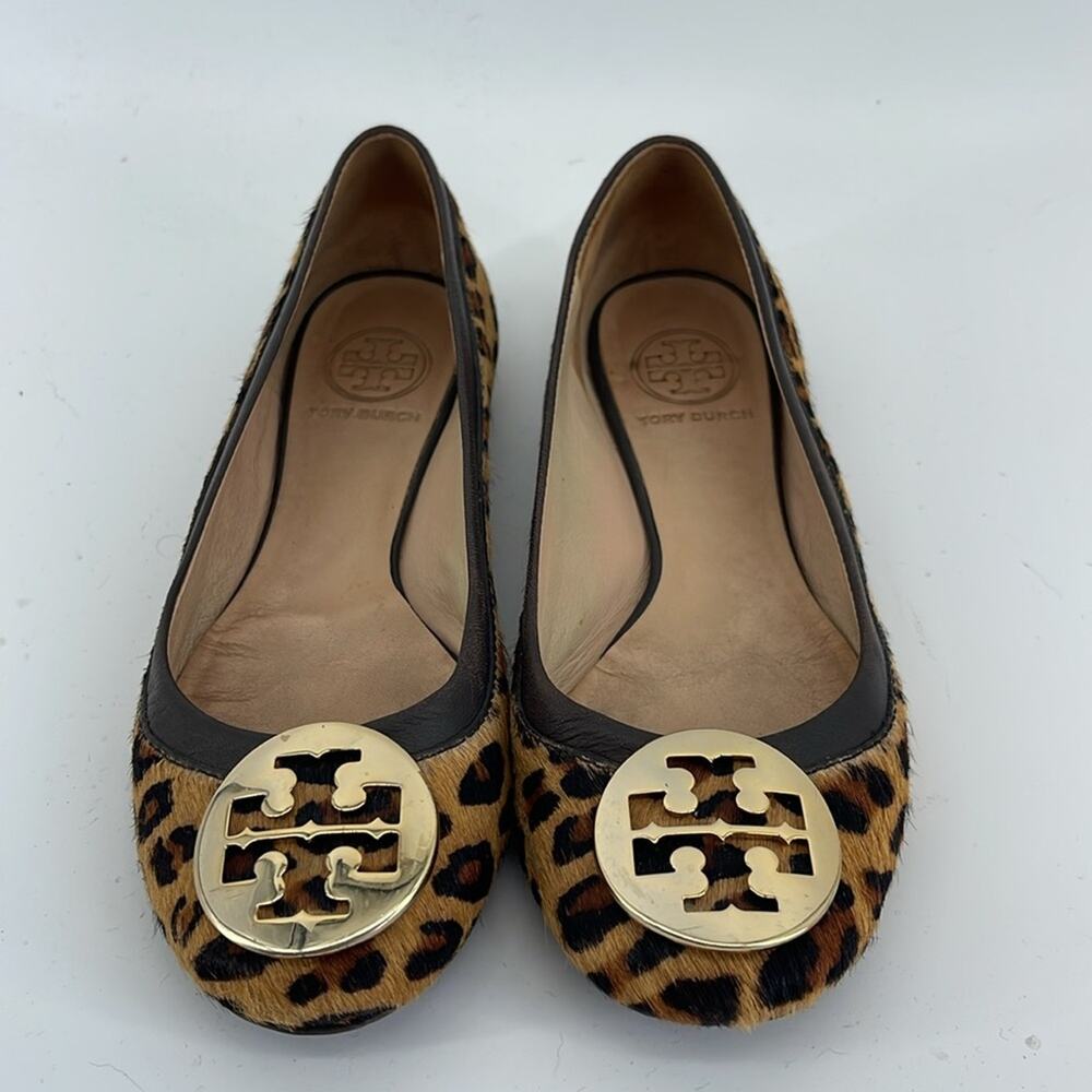 Tory Burch Reva calf skin leather leopard print slip on ballet flat shoes sz 6.5